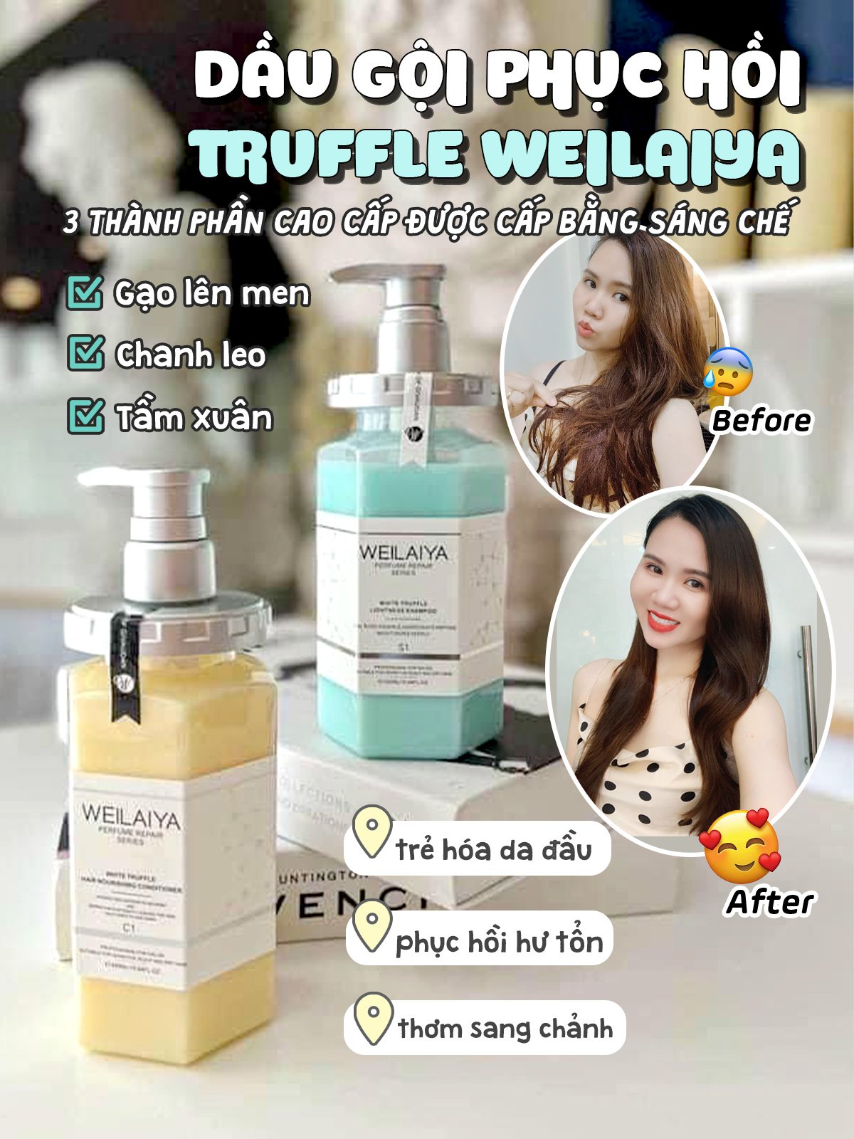 Bộ Dầu gội xả Phục hồi đa tầng nấm Truffle Weilaiya 450ml + 450ml giúp làm mềm tóc, mượt tóc
