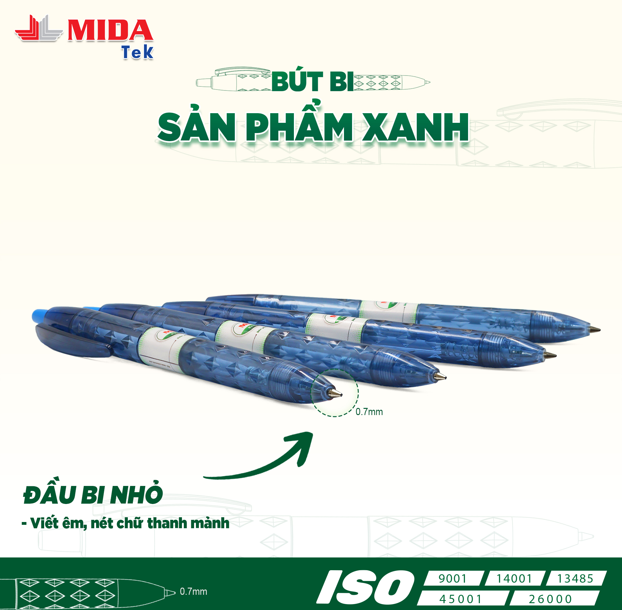 Bút bi xanh dương MIDATEK 3 cây/ hộp, nguyên liệu nhựa tái chế