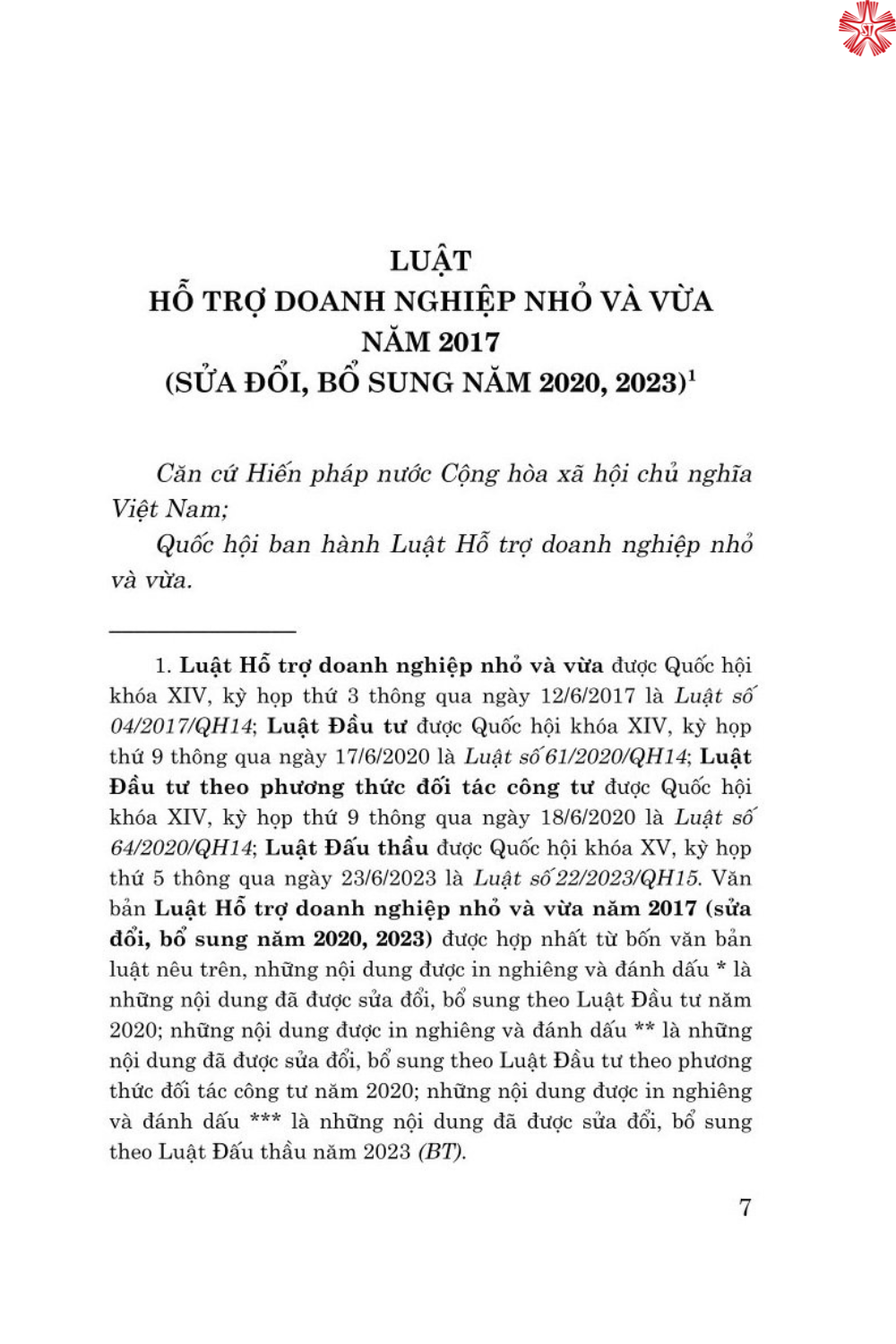 Luật hỗ trợ doanh nghiệp nhỏ và vừa năm 2017 (sửa đổi, bổ sung năm 2020, 2023)