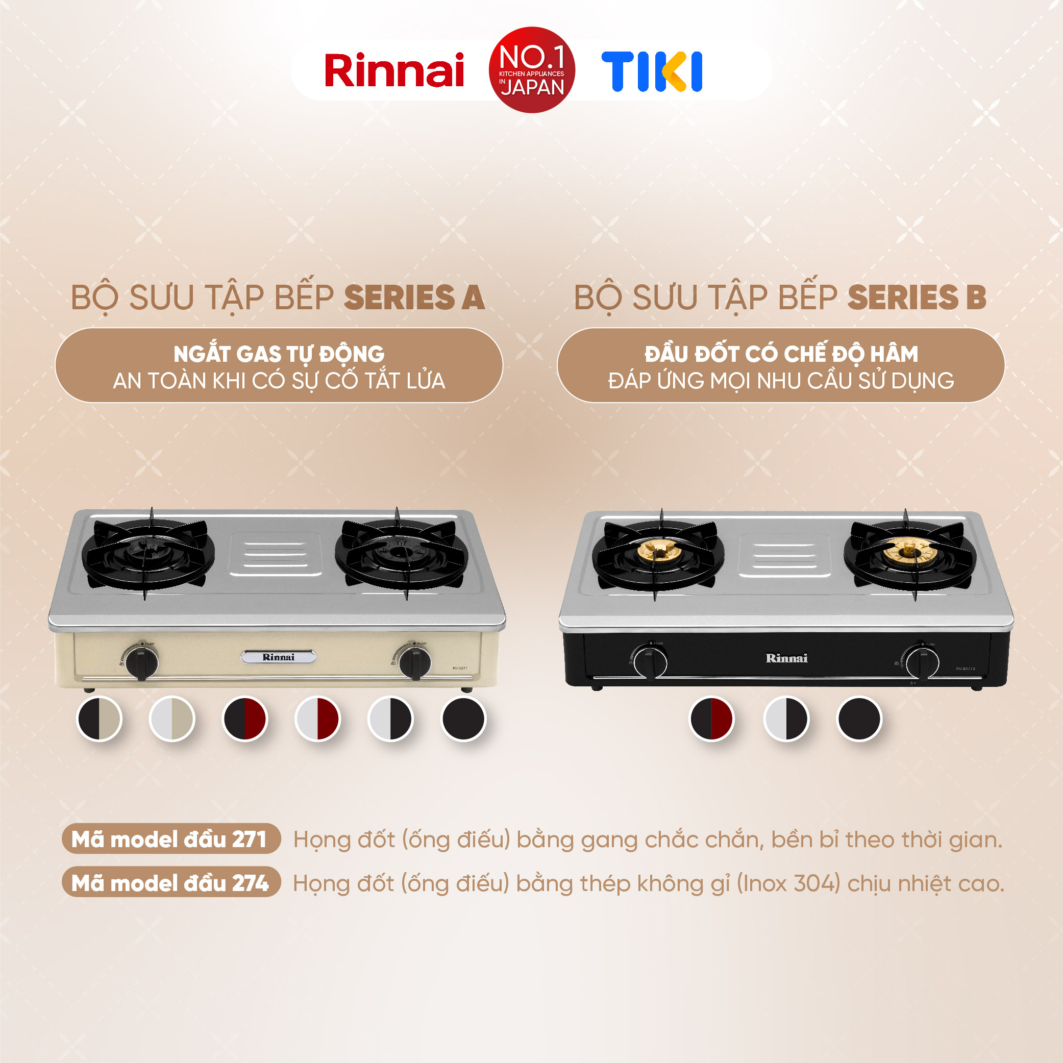 Bếp gas dương Rinnai RV-A271Y(EB) mặt bếp men và kiềng bếp men - Hàng chính hãng