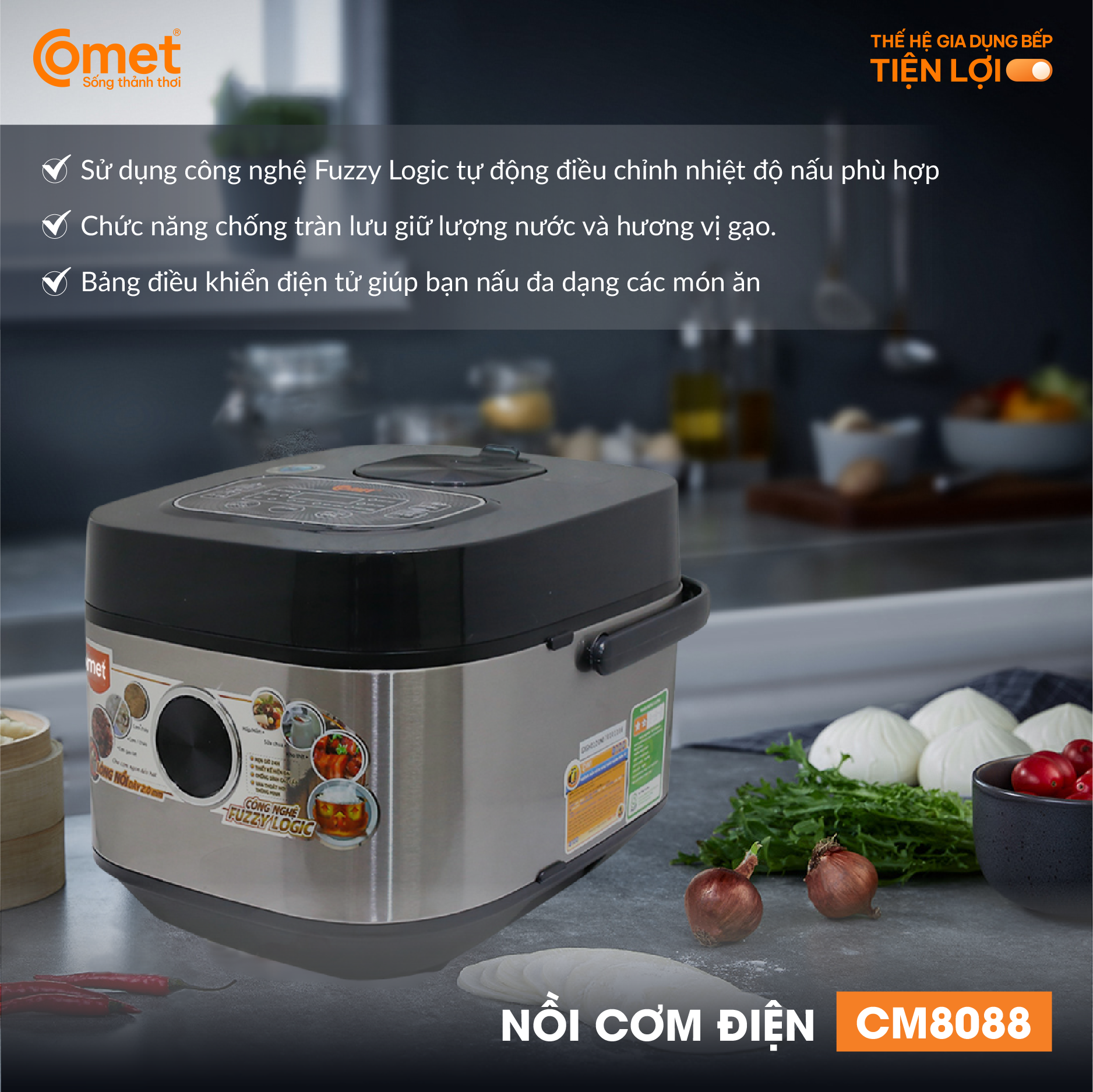 Nồi cơm điện tử Comet CM8088 1.8L – Công nghệ Fuzzy Logic, lòng niêu chống dính, làm nóng 3D – Nấu đa năng, tiết kiệm điện – Hàng chính hãng, bảo hành 1 năm