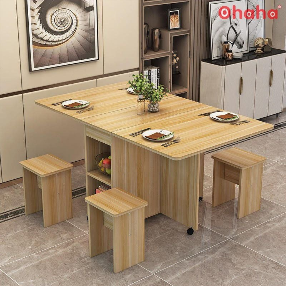 BỘ BÀN ĂN GẤP GỌN THÔNG MINH OHAHA 4 GHẾ CÓ BÁNH XE 360 ĐỘ - BA001