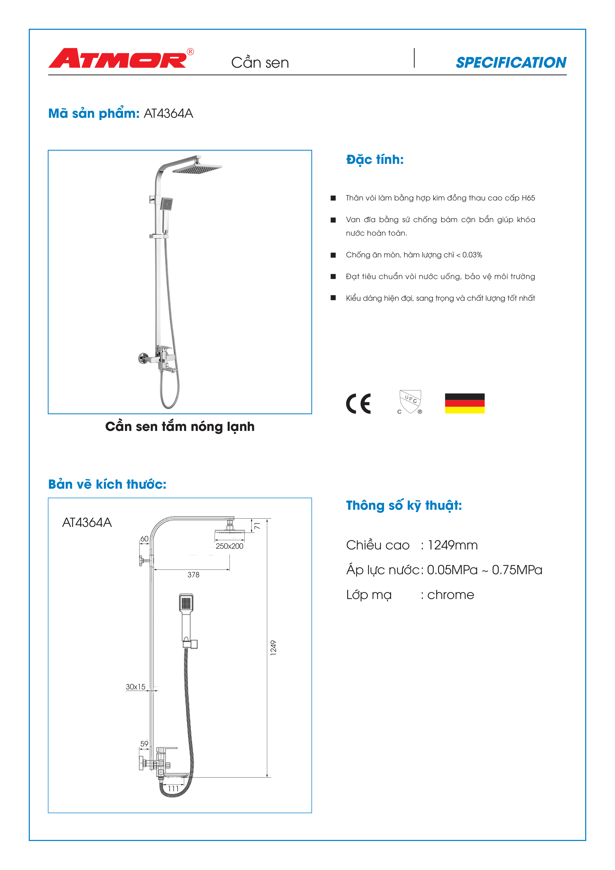 Bộ cần sen tắm ATMOR AT4364A (HÀNG CHÍNH HÃNG)