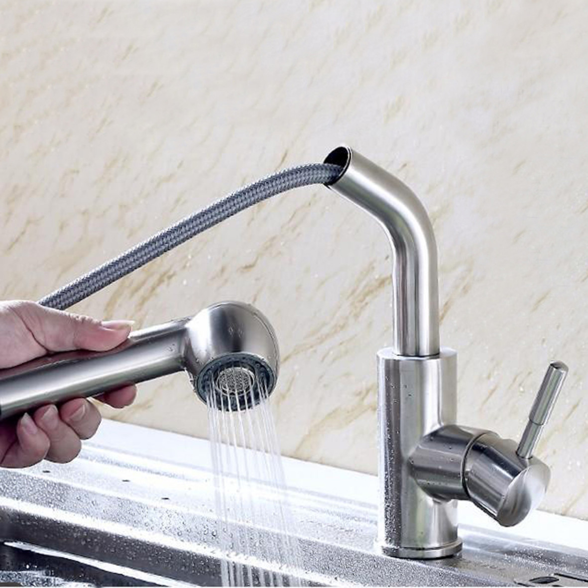Combo chậu rửa chén bát inox Valenza 7843 hai hố lệch, vòi rửa bát đầu rút 02, bộ xả chậu, rá inox đa năng, bình xà phòng