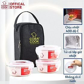 Bộ 3 hộp tròn 400ml đựng cơm kèm túi hộp thủy tinh chịu nhiệt cường lực COBA