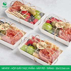 MFHP3T - 20x12.5x6 cm - 100 hộp giấy thực phẩm màu trắng nắp Pet, hộp giấy chữ nhật đựng thức ăn, hộp bánh nắp trong