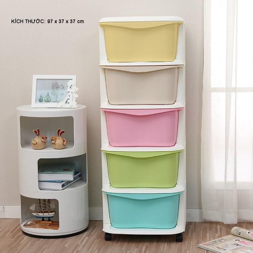 Tủ nhựa 5 tầng đựng quần áo gọn gàng dễ sử dụng đa sắc có bánh xe