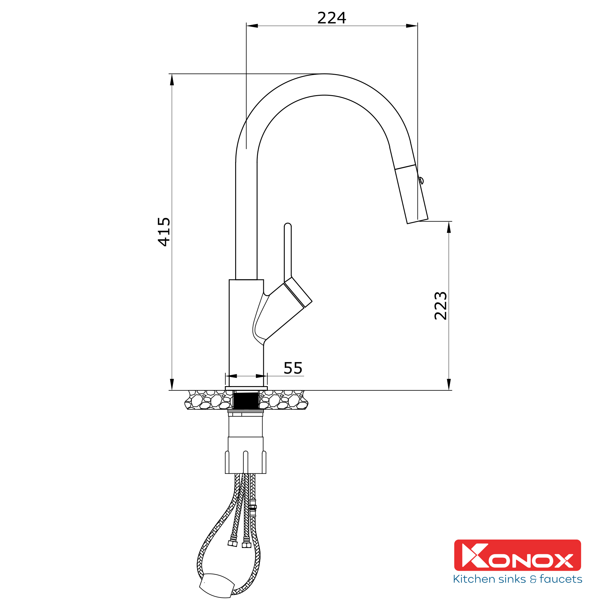 Vòi rửa bát kéo dây Konox, Model Ponte Chrome, 4 phiên bản màu, Bề mặt mạ PVD 5 lớp cao cấp, Lõi đồng tiêu chuẩn CW617N, Linh kiện phụ trợ dòng chảy nhập khẩu châu Âu, Bảo hành chính hãng 5 năm, Hàng chính hãng