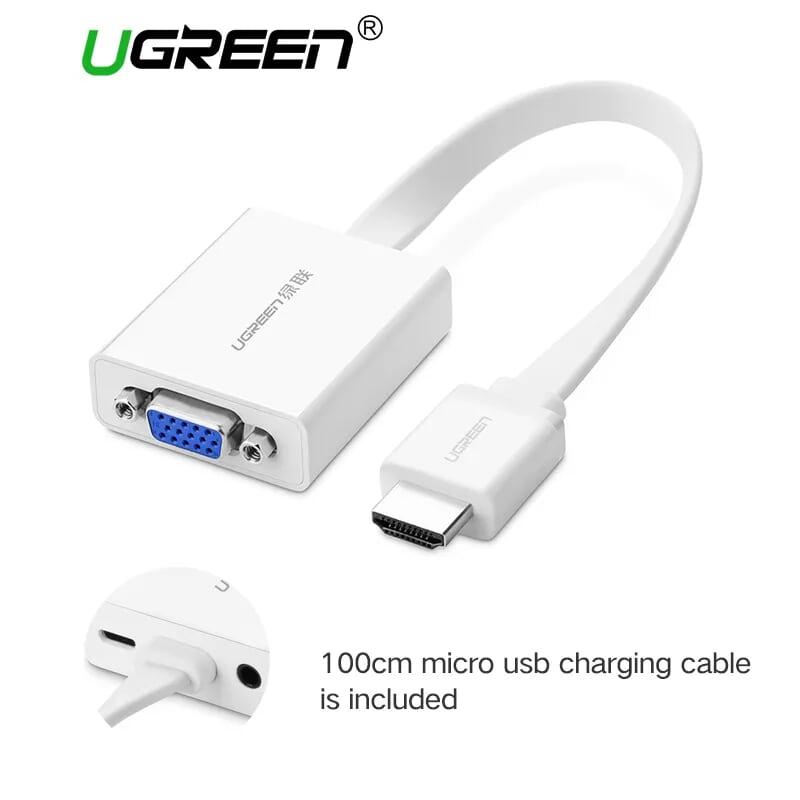 Ugreen UG40247MM103TK Màu Trắng Bộ chuyển HDMI sang VGA dây dẹp kèm cổng âm thanh - HÀNG CHÍNH HÃNG