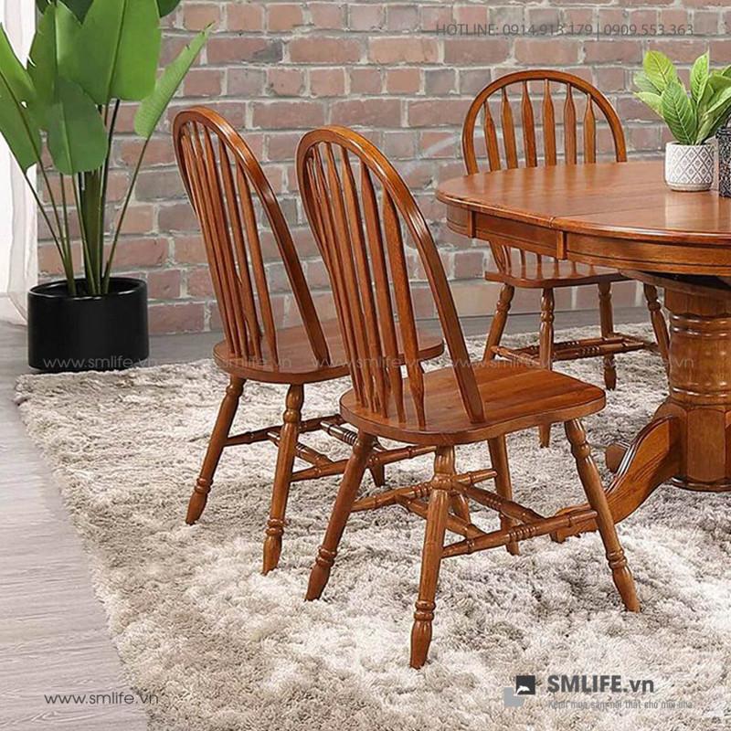Bộ bàn ăn thông minh kéo dài hình Oval 6 ghế gỗ sồi tân cổ điển SMLIFE Butterfly | D152 x R107 x C76cm | tăng giảm độ dài bàn