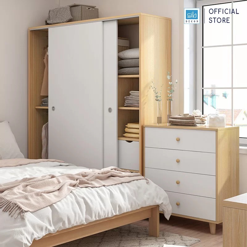 Tủ Quần Áo Kết Hợp Cửa Lùa Hiện Đại Màu Trắng Phối Vân Gỗ Sồi Thương Hiệu SIB Decor TA07