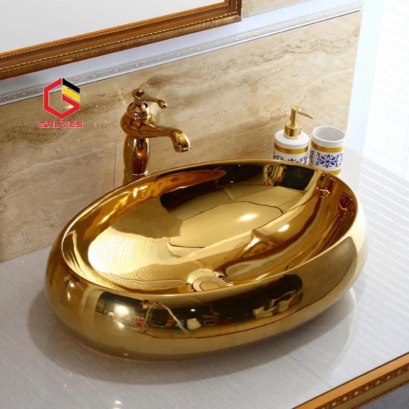CHẬU RỬA MẶT, LAVABO ELIP MẠ VÀNG CAO CẤP NHẬP KHẨU CHÍNH HÃNG GROVES 065v (58x38x15 cm) (CHẬU)