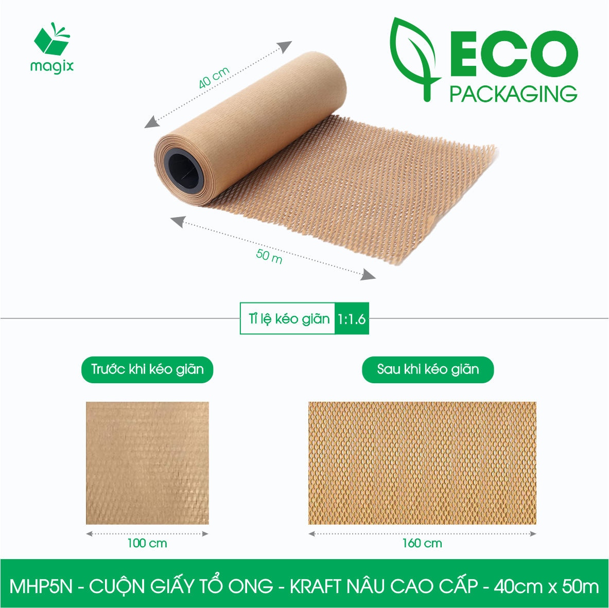 MHP5N - 40cm x 50m - Cuộn giấy tổ ong chống sốc - Kraft nâu Cao Cấp - Giấy gói hàng, gói quà