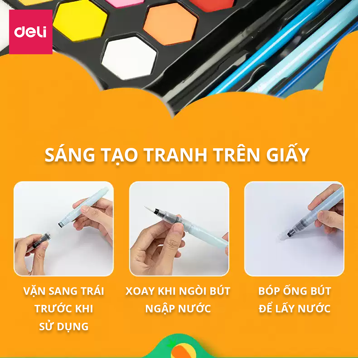 Bộ Màu Nước Nén Water Color Cao Cấp 24 36 48 Màu Tặng Bút Lông Nước, Mút, Cọ, Tẩy, Bút Chì, Gọt, Màu Trắng Deli - Chuyên Dùng Cho Học Sinh, Sinh Viên, Vẽ Mĩ Thuật Chuyên Nghiệp