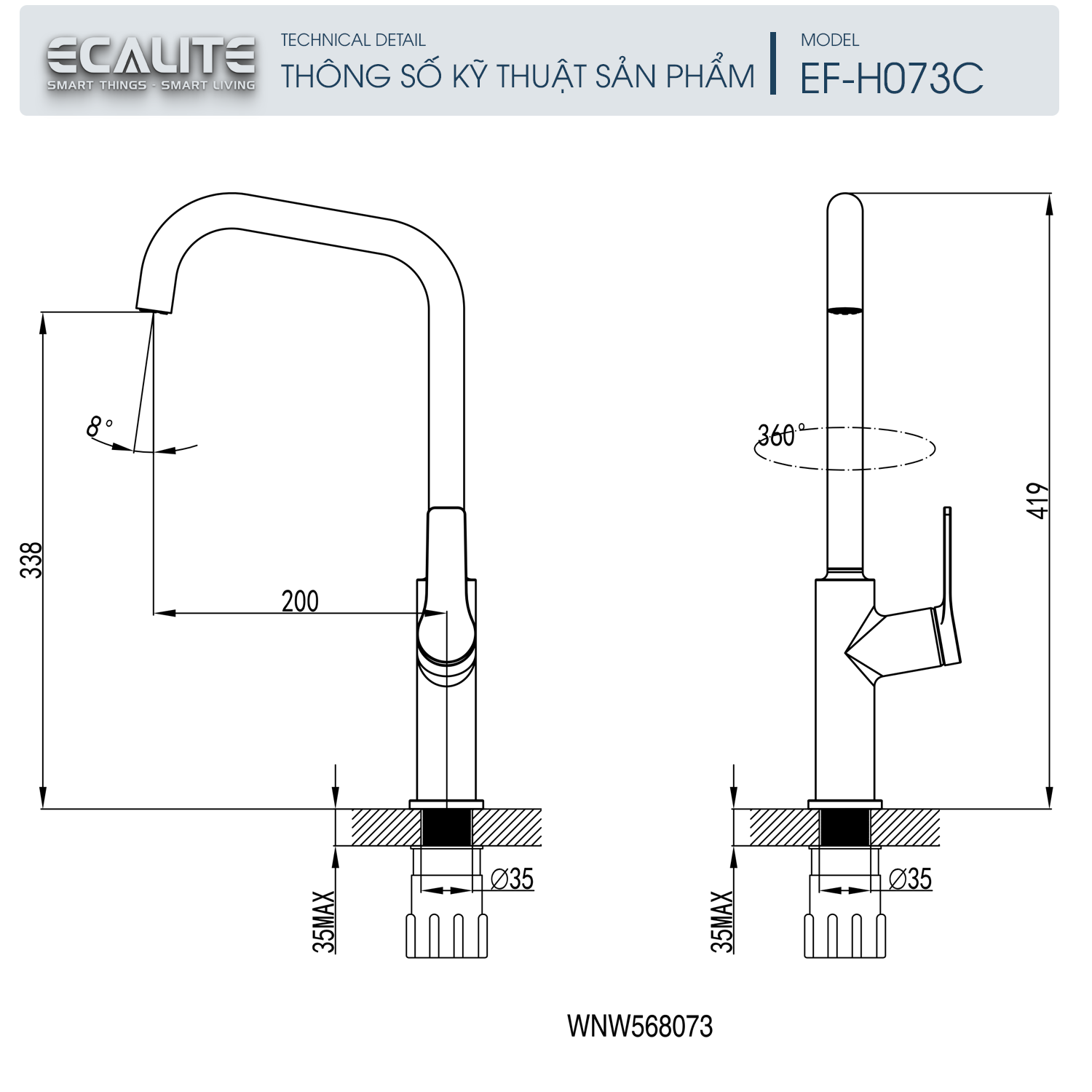 Vòi rửa chén nóng lạnh Ecalite EF-H073C - Đồng thau mạ chrome - Hàng chính hãng