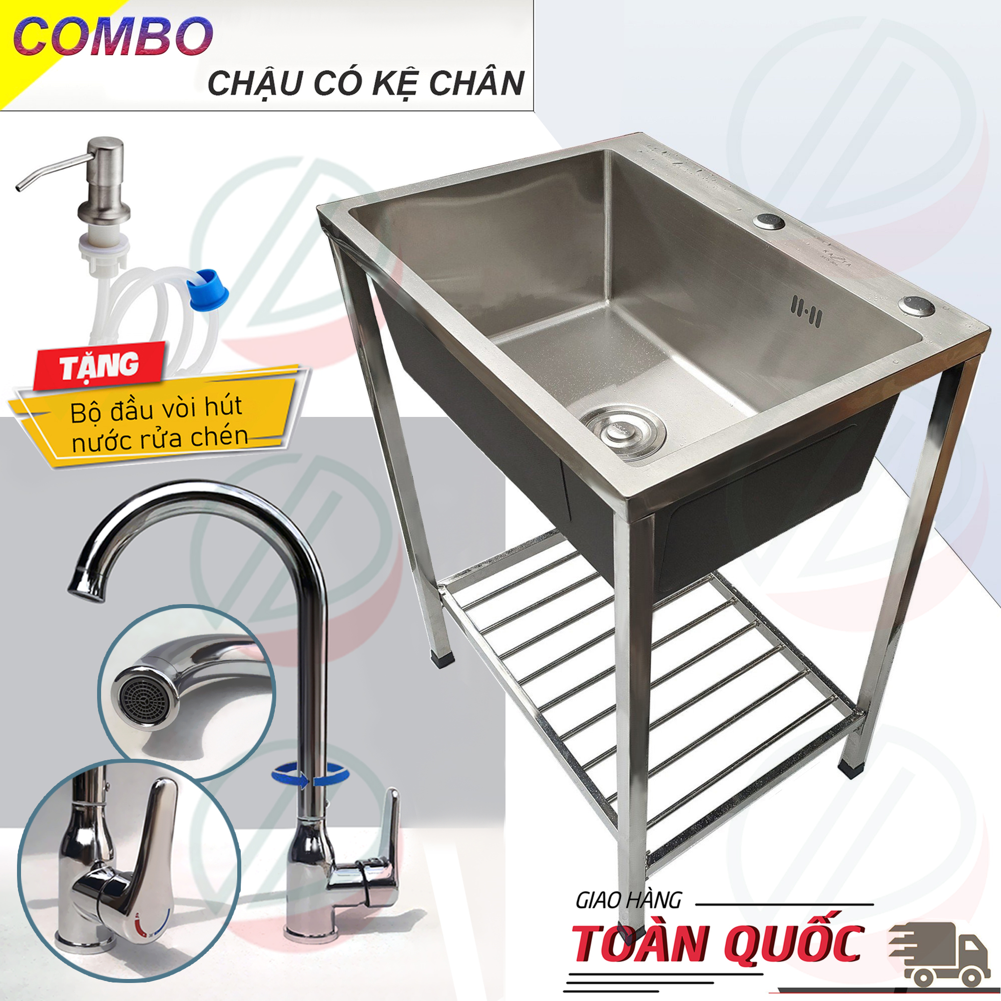 COMBO Chậu Rửa Chén Bát 1 Hộc 60x45cm Có Chân Cao 81cm Kèm Vòi Inox Nóng Lạnh - Gồm kệ chân, chậu, vòi, bộ xả, tặng đầu xịt xà bông