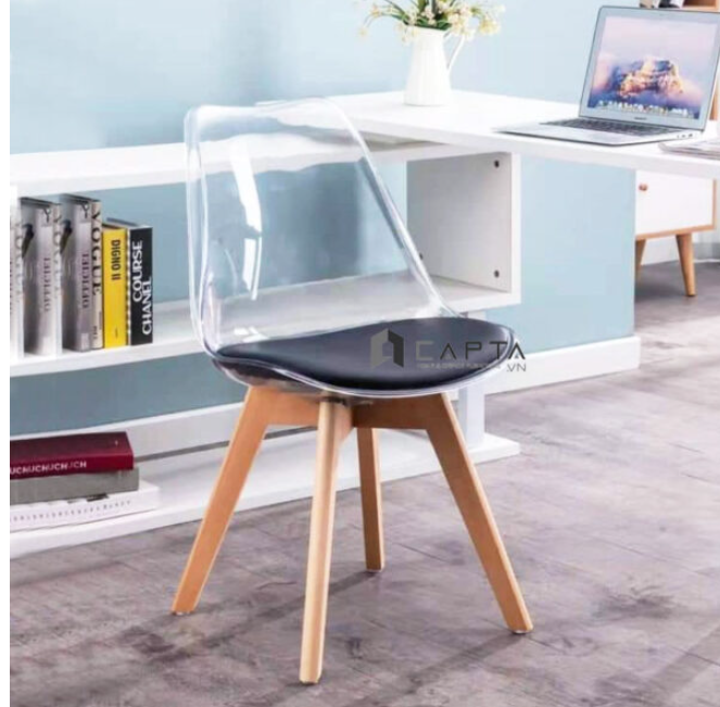 Bộ bàn tiếp khách 2 ghế Eames thân nhựa trong suốt nệm PVC chân gỗ bàn chân trụ mặt tròn 60cm Bộ bàn ghế nhỏ gọn tiết kiệm diện tích SL TE TULIP 2-06W / DSW-PC3 Livingroom Compact Table Set