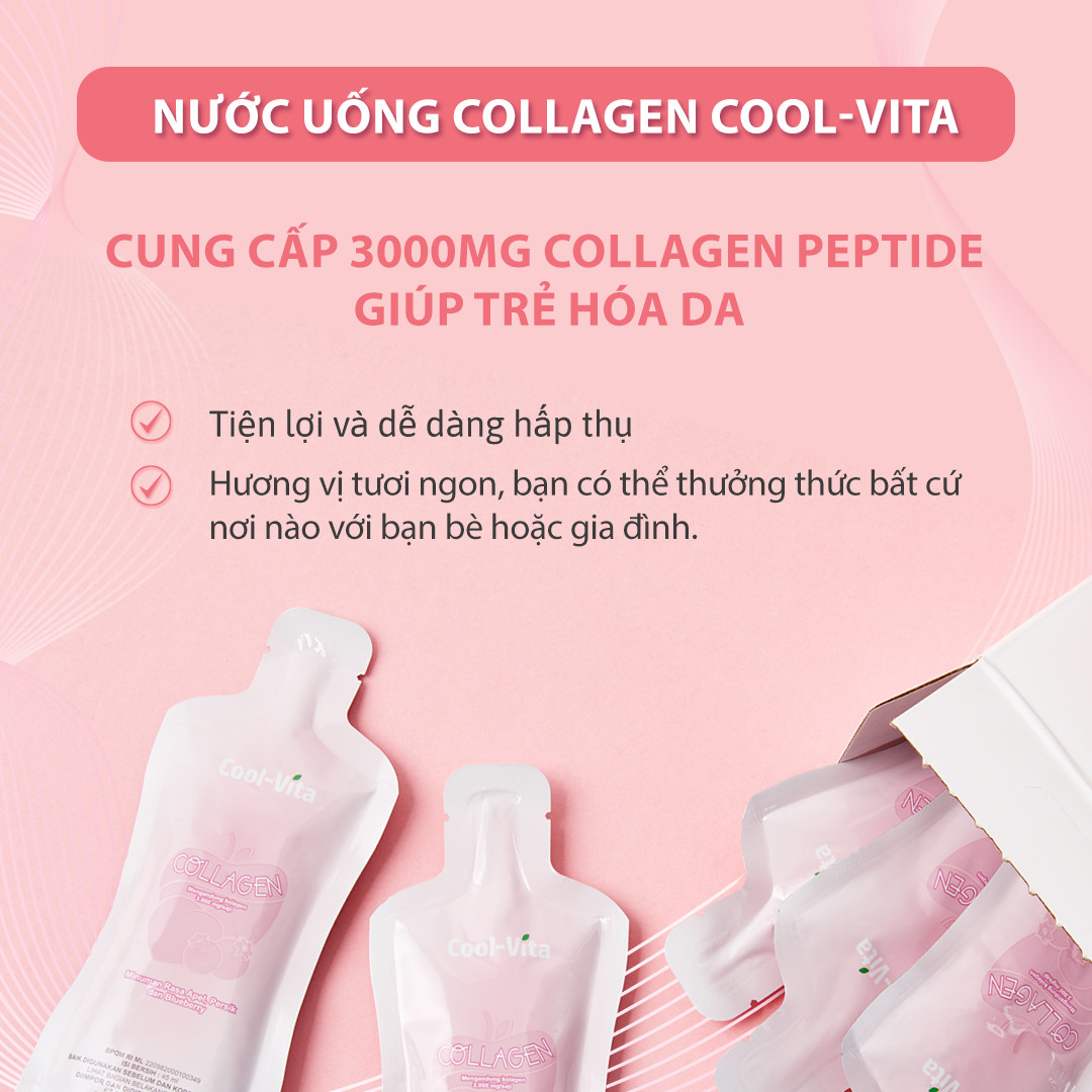 Combo 4 Hộp Nước Uống Collagen Peptide 3000mg Coolvita Hỗ Trợ Trẻ Hóa Sáng Da, Hỗ Trợ Dưỡng Tóc và Móng Kết Hợp Vitamin B3 (45ml× 7 túi)/hộp