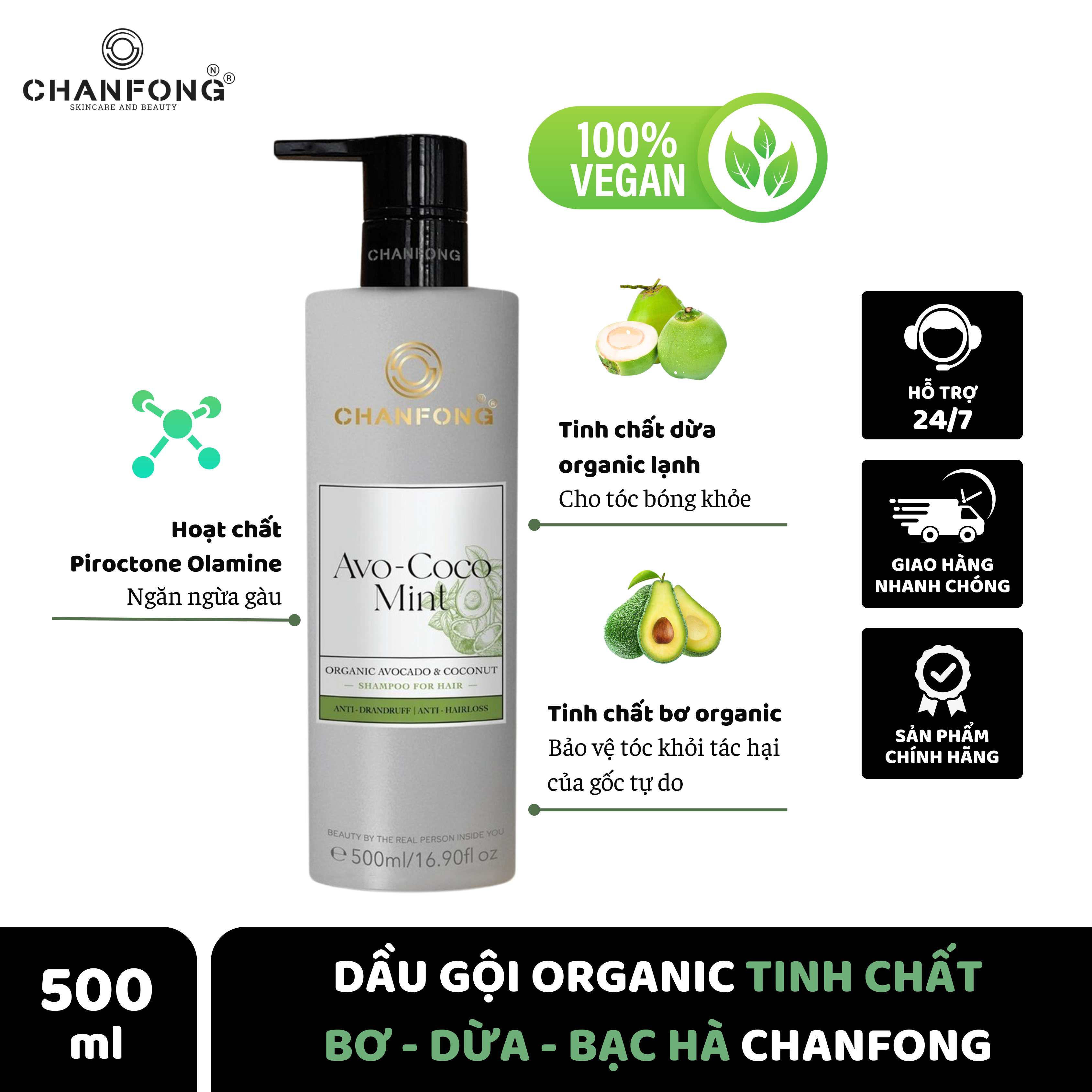 Dầu gội ORGANIC Tinh chất Bơ - Dừa - Bạc hà Chanfong Thái Lan - 500ml
