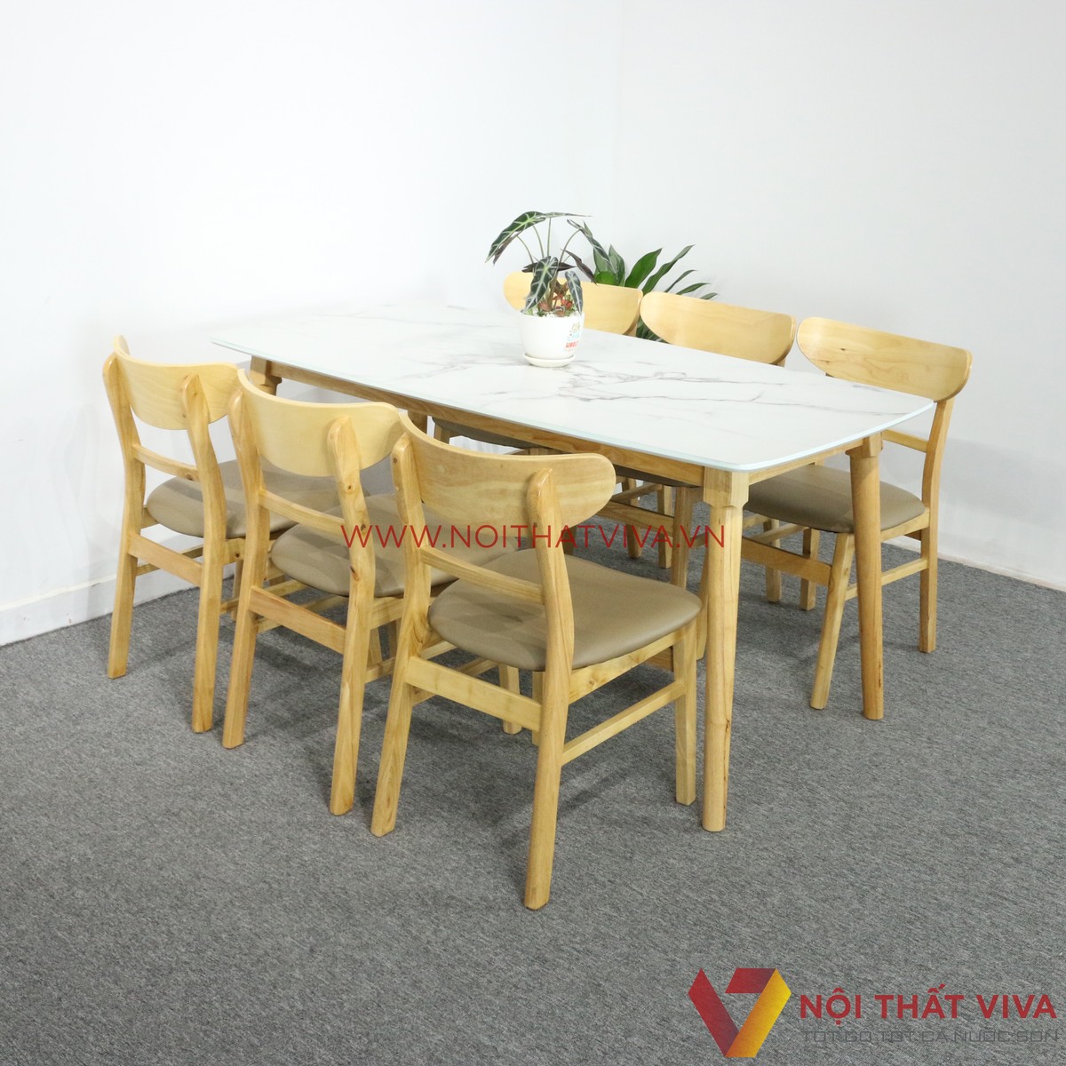 Bộ Bàn Ăn 6 Ghế Vân Đá Trắng