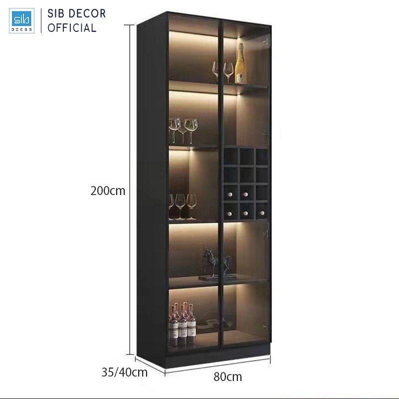 Tủ Gỗ Để Vang Trưng Bày Phối Cánh Kính Dài 80cm, Kèm Đèn LED Hiện Đại Thương Hiệu SIB Decor TR05
