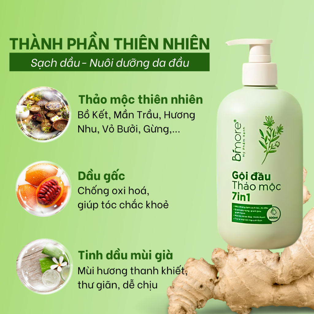 Gội đầu thảo mộc 7in1 làm sạch da đầu, phục hồi tóc, giúp tóc chắc khỏe.