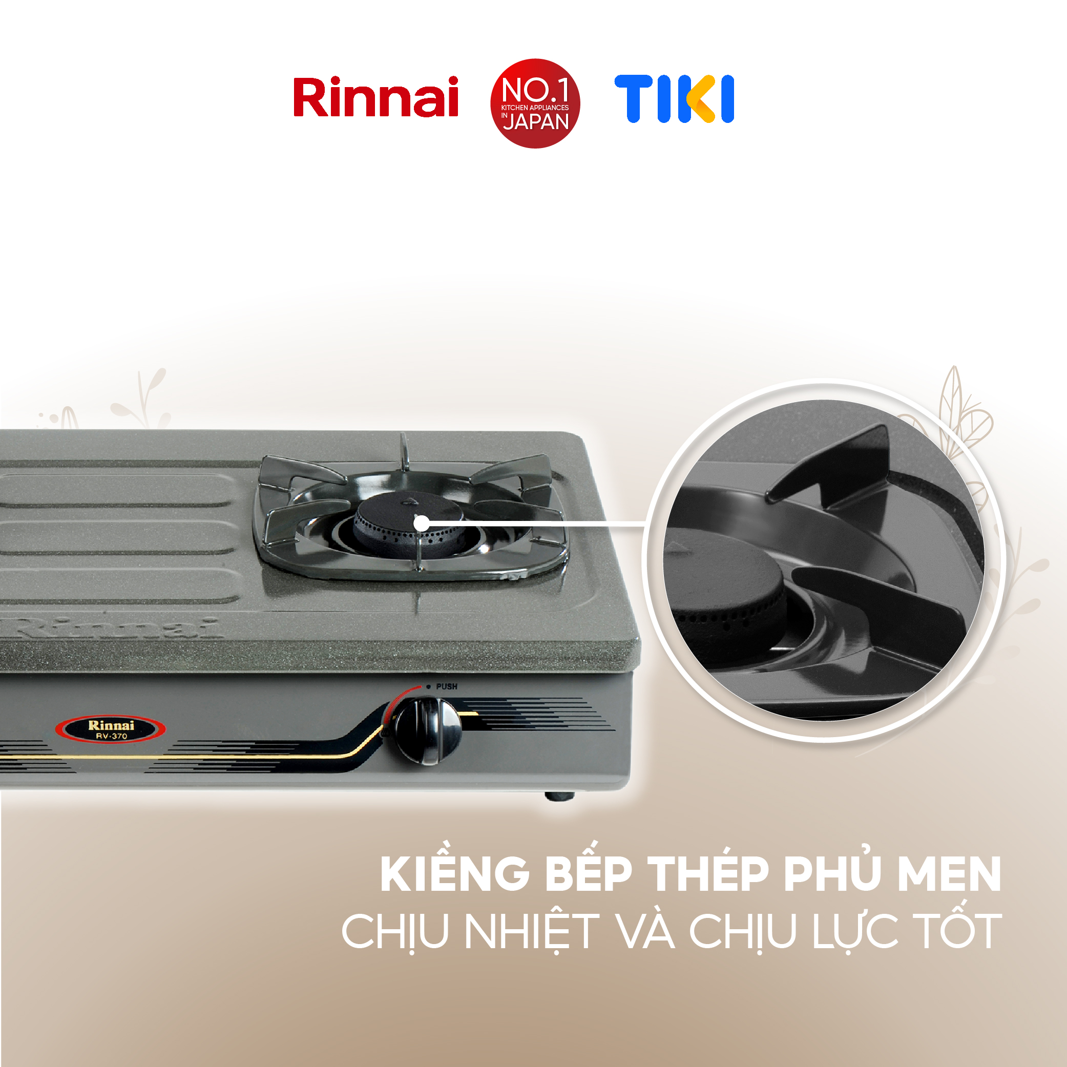 Bếp gas dương Rinnai RV-370(GM)N mặt bếp men và kiềng bếp men - Hàng chính hãng.