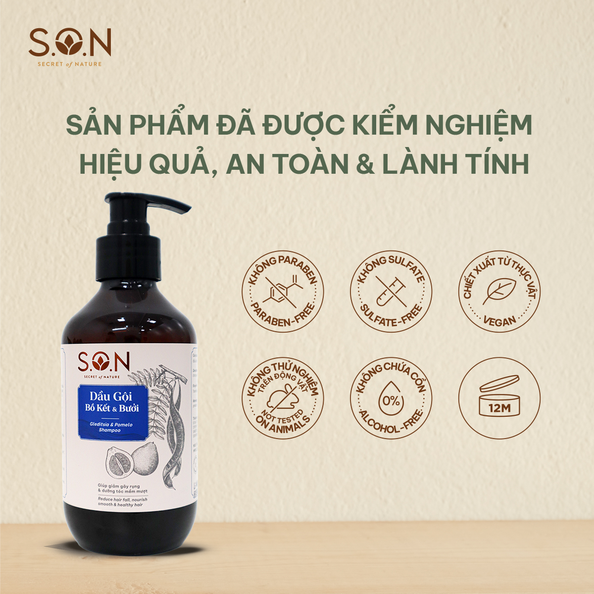Dầu gội bồ kết & bưởi S.O.N giảm gãy rụng, giảm gàu, dưỡng mượt tóc