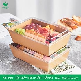 MFHP3N - 20x12.5x6 cm - 100 hộp giấy kraft thực phẩm màu nâu nắp Pet, hộp giấy chữ nhật đựng thức ăn, hộp bánh nắp trong