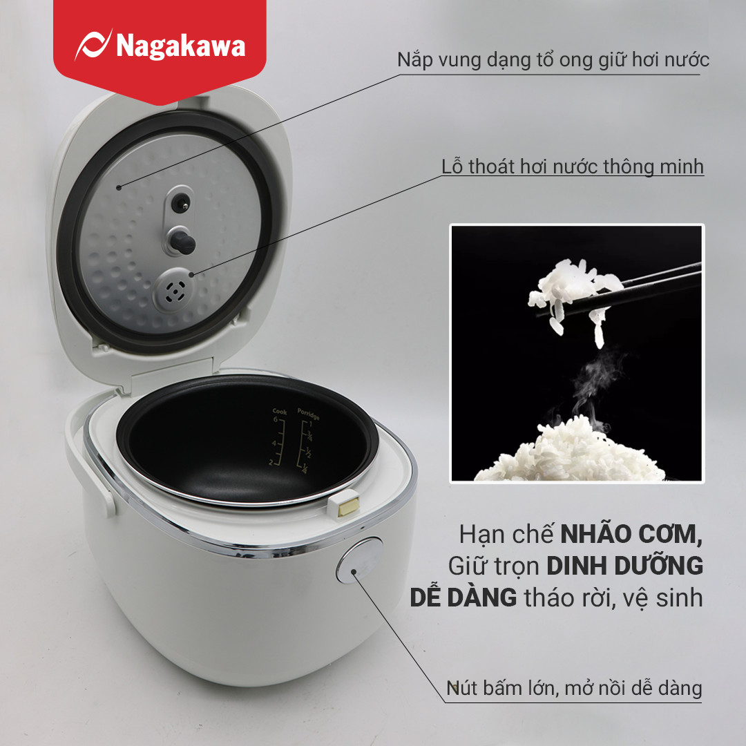 Nồi Cơm Điện Tử Cảm Ứng Nagakawa NAG0136 - Giảm tinh bột - Lòng niêu chống dính - 11 chức năng (1.2L - 500W) - Hàng Chính Hãng