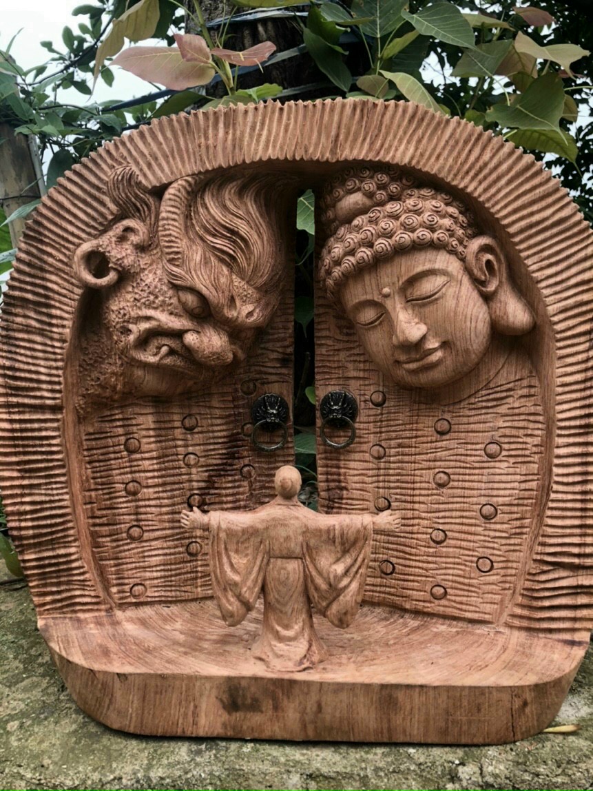 Tượng cánh cửu thiện ác bằng gỗ hương đá liền khối kt 24×25×7cm