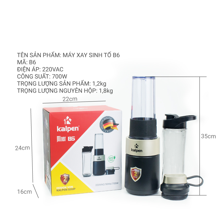 Máy xay sinh tố mini Kalpen Đức B6 công suất 700W tặng Bình 500ml - Hàng chính hãng