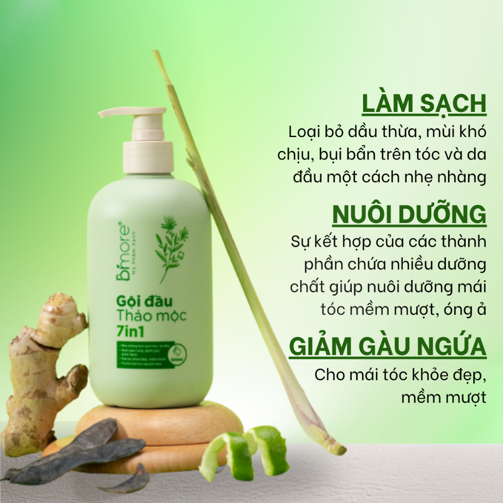 Gội đầu thảo mộc 7in1 làm sạch da đầu, phục hồi tóc, giúp tóc chắc khỏe.