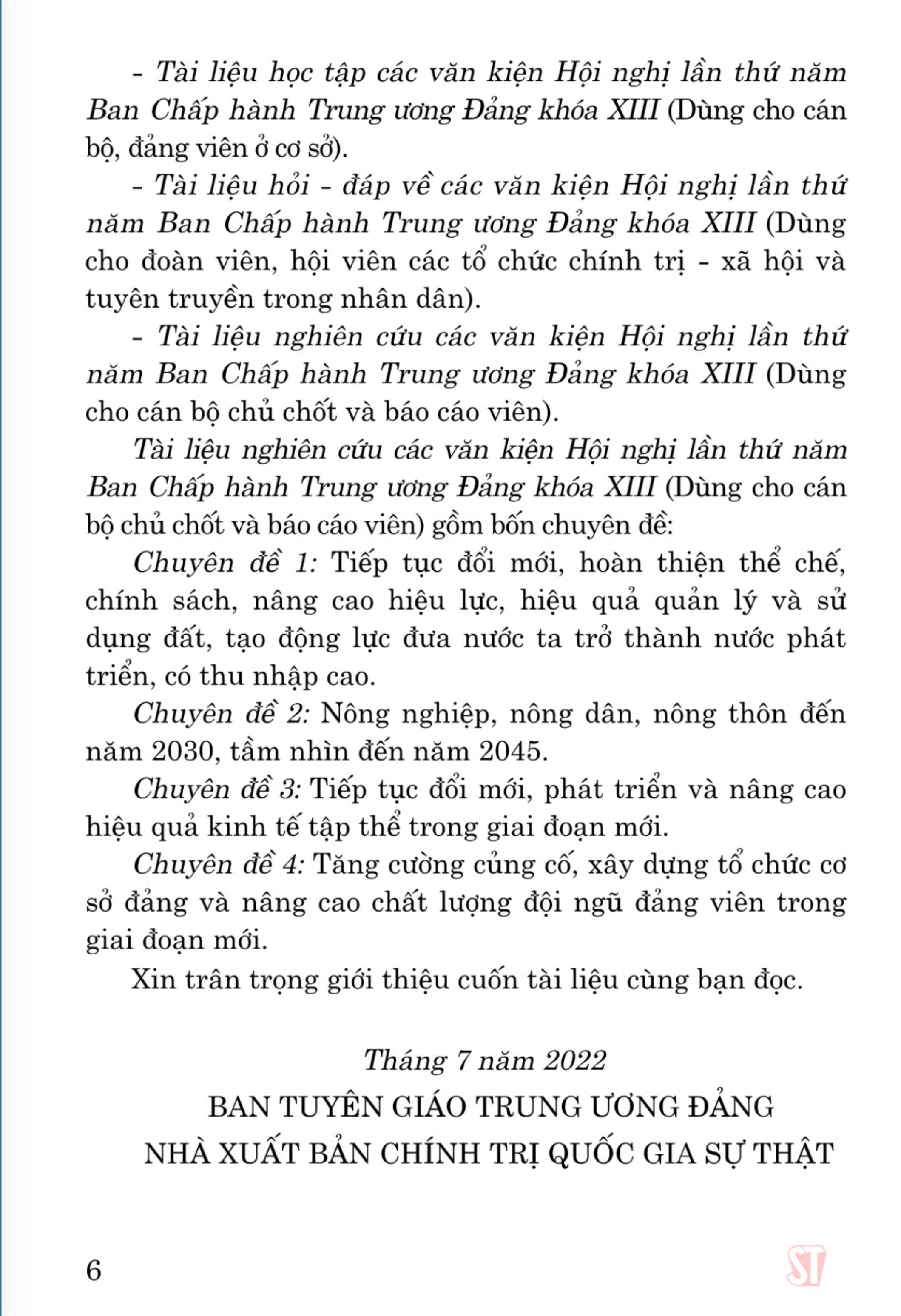 Tài liệu nghiên cứu các văn kiện Hội nghị lần thứ năm Ban Chấp hành Trung ương Đảng khoá XIII (Dùng cho cán bộ chủ chốt và báo cáo viên)