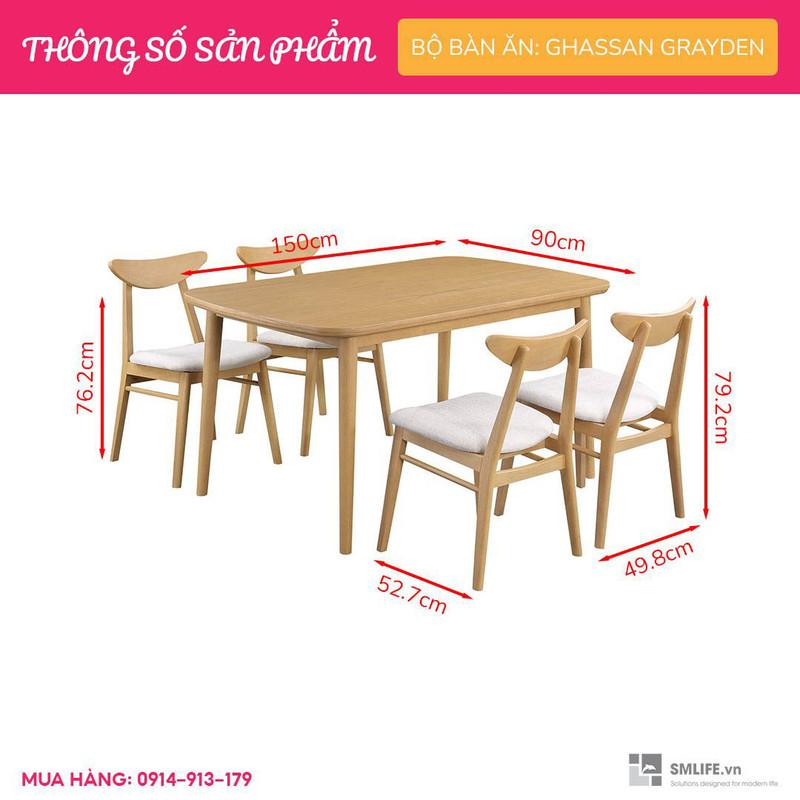 Bộ bàn ăn 4 ghế gỗ vân veneer xoan đào hiện đại SMLIFE Ghassan Grayden | D150 x R90 x C76 | gỗ Cao Su và Veneer xoan đào