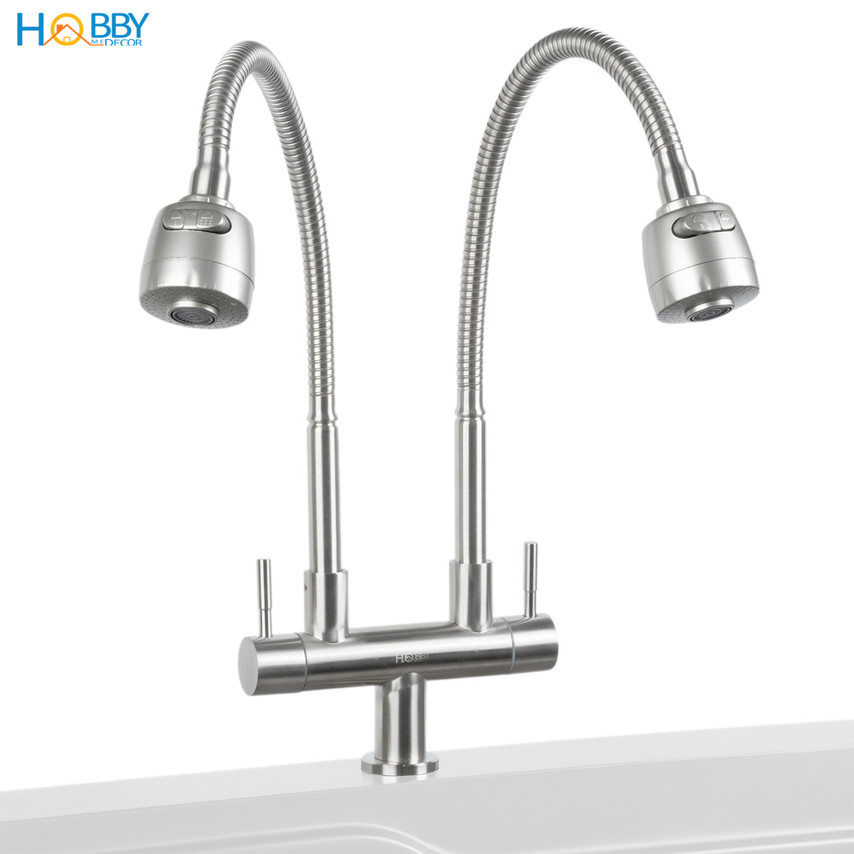 Vòi rửa chén 2 đầu tăng áp thân lò xo inox 304 Hobby home decor 2TA