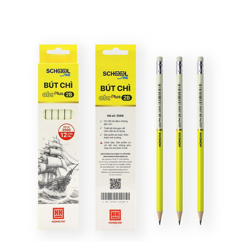 Hộp 12 bút chì gỗ 2B Hồng Hà kèm đầu tẩy ABC Plus - 3566 chuyên dùng viết, vẽ phác thảo