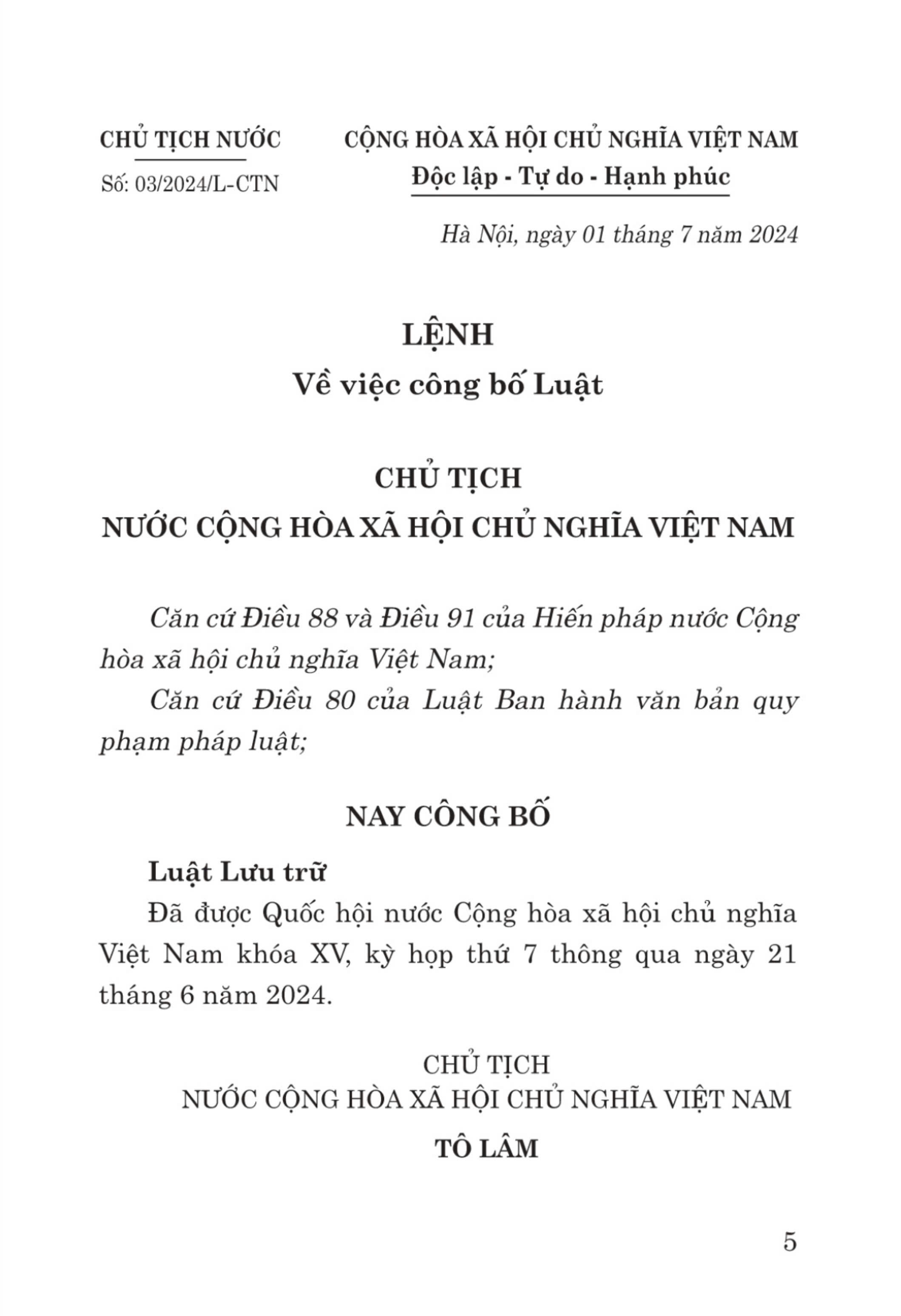 Luật lưu trữ năm 2024 - bản in 2024