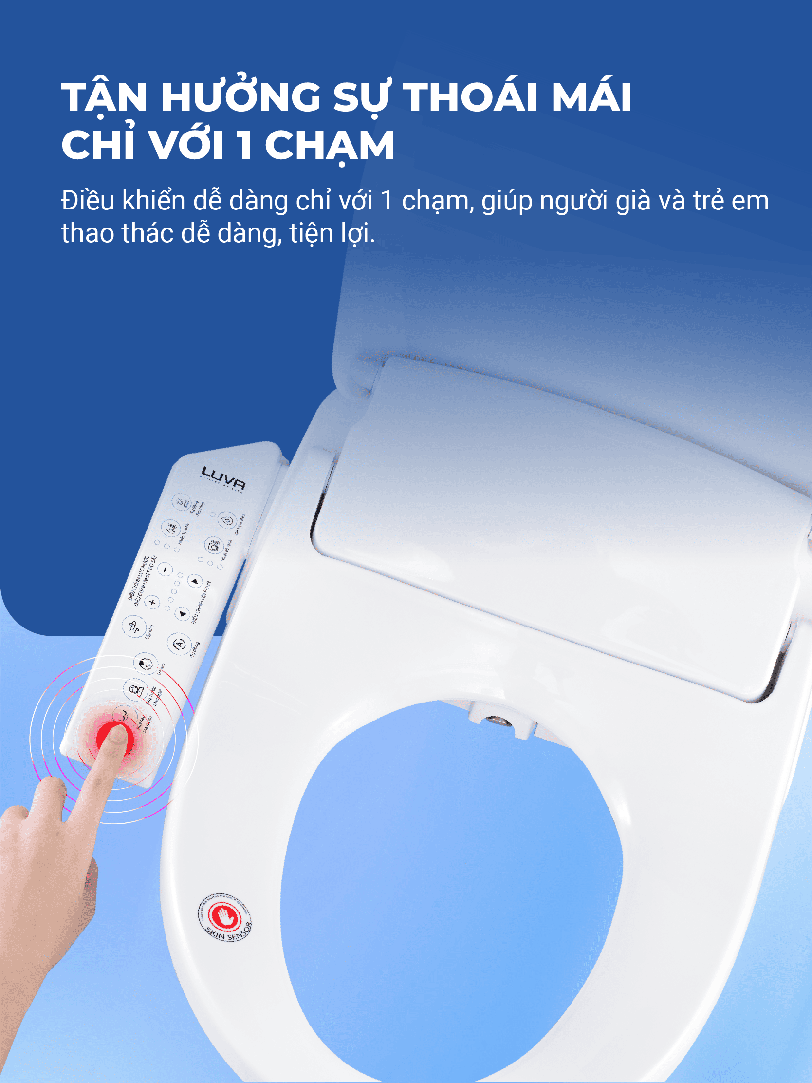 Nắp Bồn Cầu Điện Tử LUVA Bidet LB625 Điều Khiển Cảm Ứng Tiếng Việt, Đổi Lỗi 100 Ngày, Sấy Khô, Chống Nước IPX5, Sấy Vành Ngồi, Chế Độ Rửa Trẻ Em