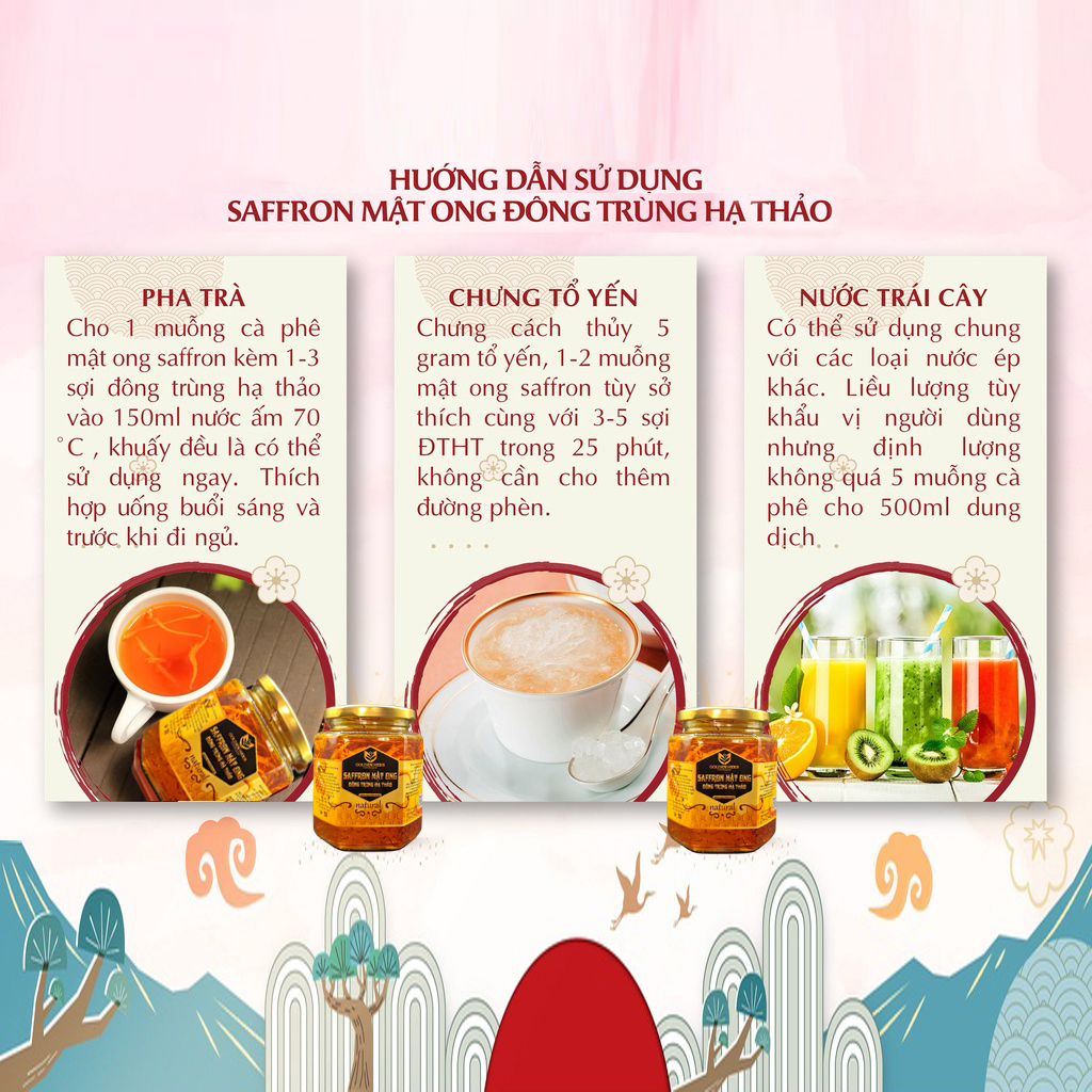 Mật Ong Saffron Đông Trùng Hạ Thảo Táo đỏ Kỷ tử 180ml/lọ Golden Herb