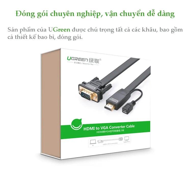 Ugreen UG40267MM101TK 1.5M màu Đen Cáp chuyển đỗi HDMI sang VGA kèm cổng trợ nguồn Micro USB - HÀNG CHÍNH HÃNG