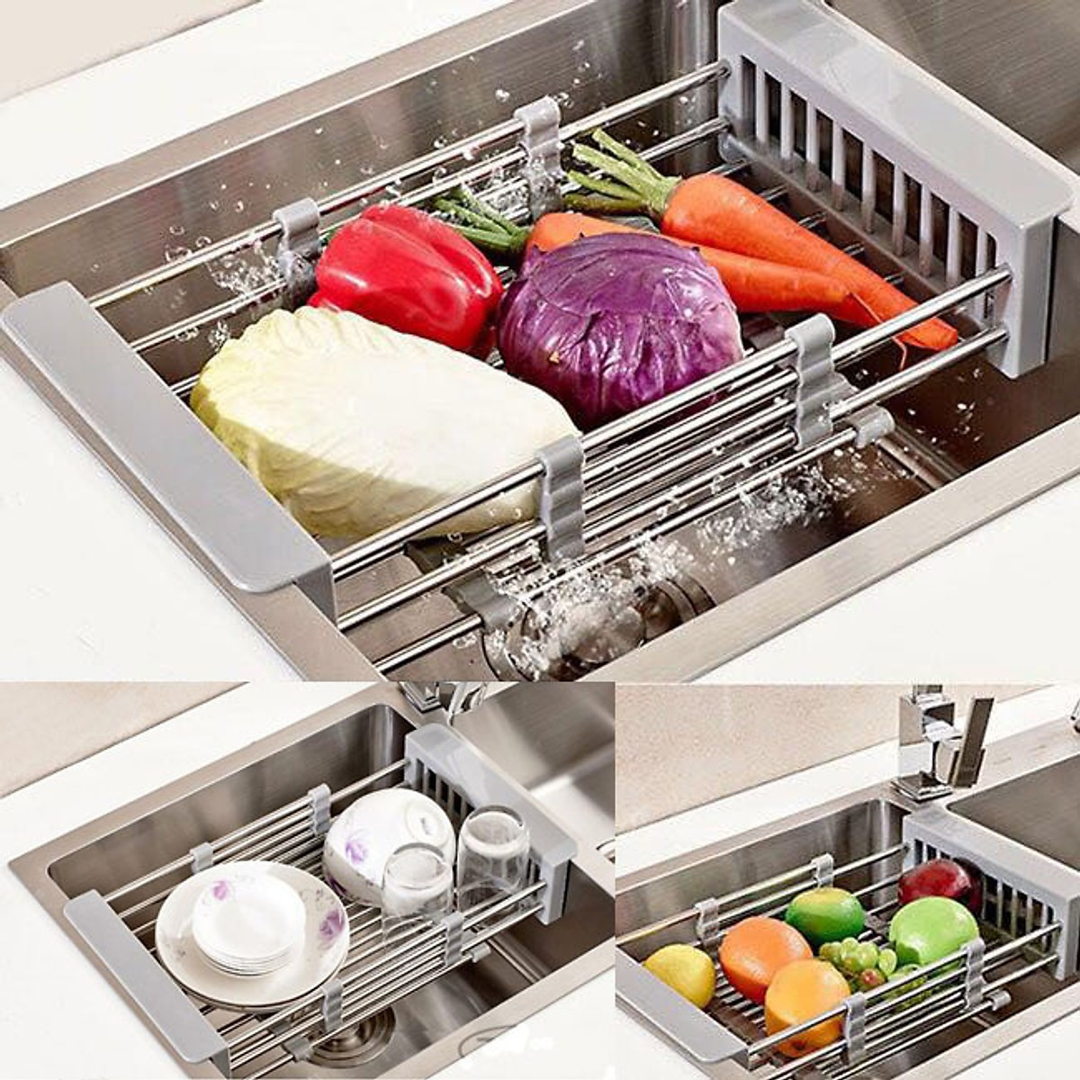 Combo chậu rửa chén bát inox Valenza 7843 hai hố lệch, vòi rửa bát đầu rút 02, bộ xả chậu, rá inox đa năng, bình xà phòng