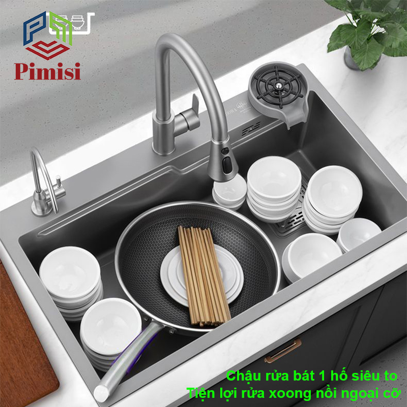 Chậu Rửa Bát Inox 1 Hố To Pimisi PB-7846 Luxury Làm Từ Thép Không Gỉ Inox Cao Cấp Kiểu Ngăn Lớn 1 Hộc, Kèm 1 Khay Bồn Rửa Chén Nhỏ Đơn Phụ Gác Chậu - Tháo Rời Với Đầy Đủ Phụ Kiện Xi Phông, Gắn Được Cả Bán Âm - Dương Bàn Đá Bếp | Hàng Chính Hãng