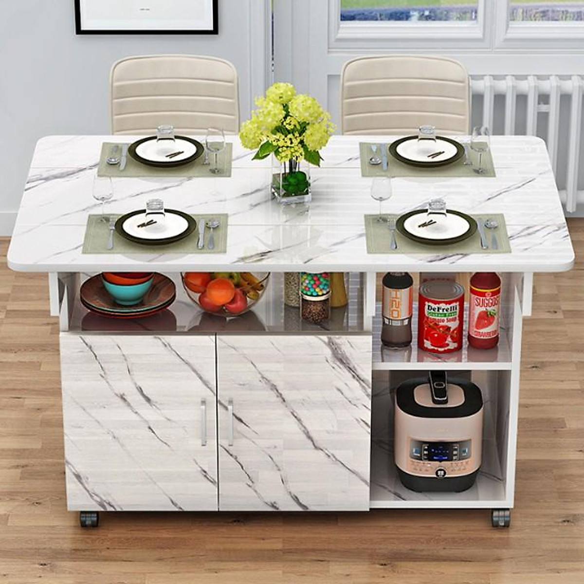 Bàn ăn thông minh mẫu mới tiết kiệm không gian tối đa kích thước sử dụng 120*70*77 kích thước gấp gọn 120*30*77 cm