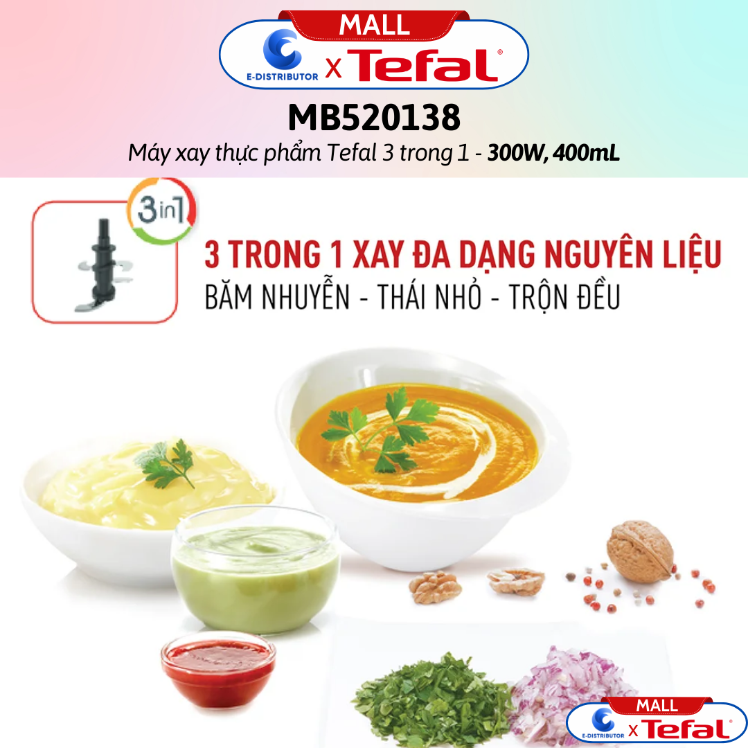 Máy xay thực phẩm Tefal 3 trong 1 MB520138 - 300W, 400mL - Hàng Chính Hãng - Bảo Hành 12 Tháng