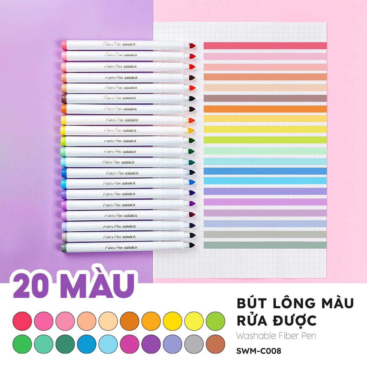 Hộp 20 Bút Lông Màu Pastel Rửa Được Washable Fiber Pen - Colokit SWM-C008